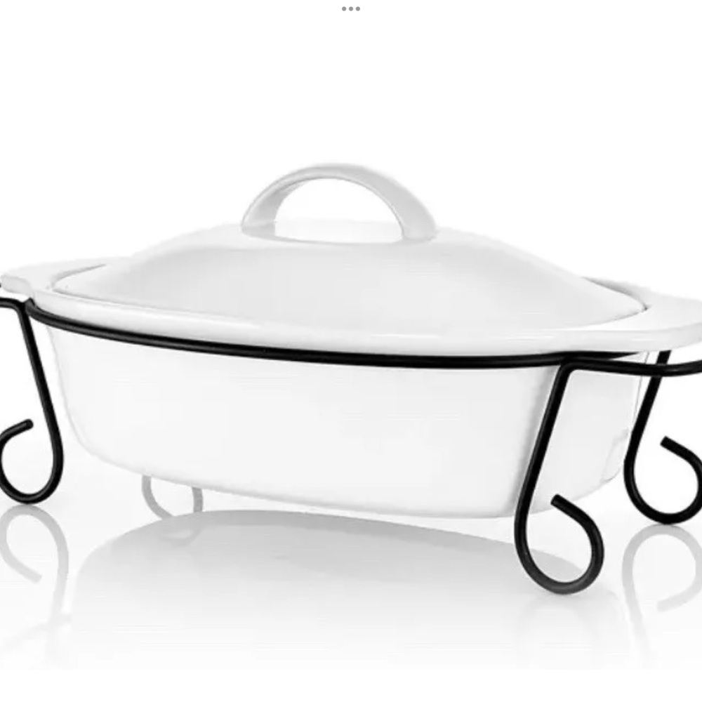White Ceramic Casserole Dish with Lid & Black Metal Stand
